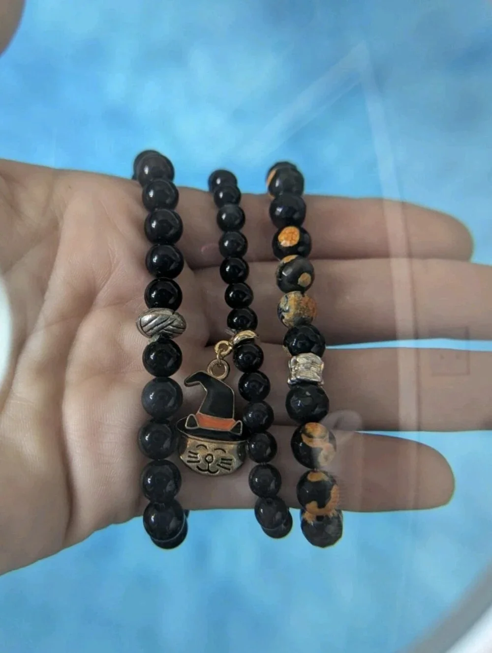 Halloween Themed Handmade Beaded Elastic Bracelet Lot Of 3